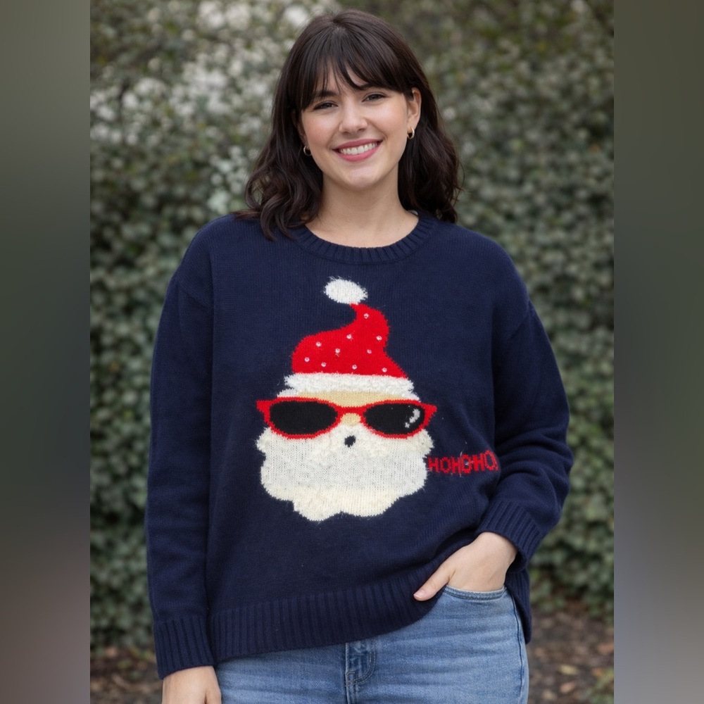 New Directions Santa Christmas Sweater Large Ho Ho Ho Sunglasses Holiday